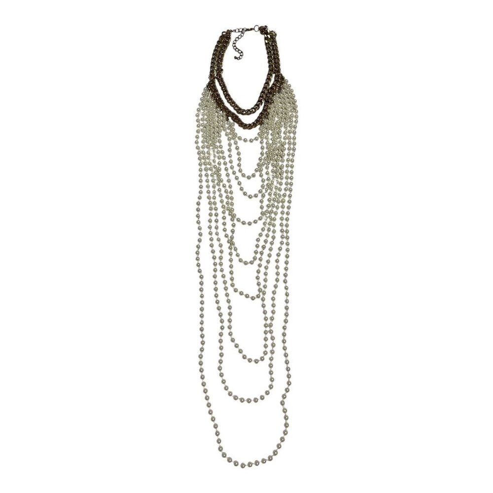 Vintage-Inspired Gold Tone Multi-Strand Pearl Statement Necklace – 23”